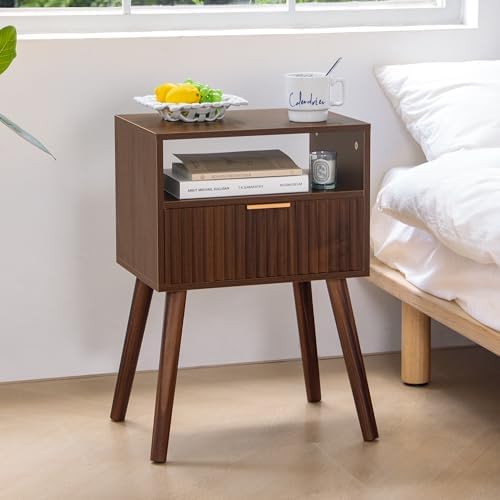 Walnut Nightstand, Fluted Night Stand with Drawer and Open Shelf