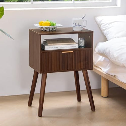Walnut Nightstand, Fluted Night Stand with Drawer and Open Shelf