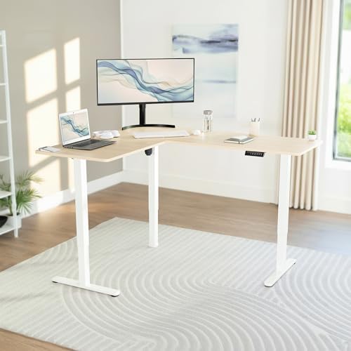 VIVO Electric Corner Standing Desk, L-Shaped, 63" x 55" Light Wood Top