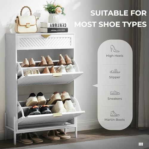 Shoe Cabinet with 2 Flip Drawers, Narrow Entryway Rack, White