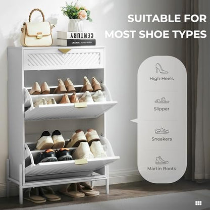Shoe Cabinet with 2 Flip Drawers, Narrow Entryway Rack, White