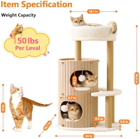 Modern Cat Tree for Indoor Small & Medium Cats, 36" Cat Tower with Scratching Posts, 2 Cozy Cat Caves, Top Perch, Dangling Balls, Washable Cushions, Space-Saving Cat Condo, Brown