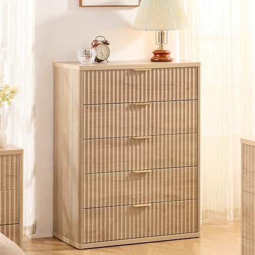 LEYAOYAO Fluted 5 Drawers Dresser for Bedroom Set of 2, 41" Tall Modern Chest of Drawers with Metal Handle, Curved Profile Design,Natural Wood Drawer Organizer for Bedroom, Living Room, Hallway