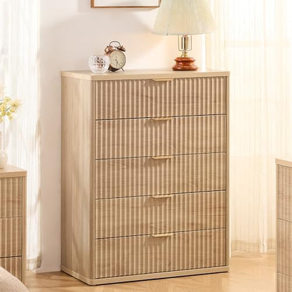 LEYAOYAO Fluted 5 Drawers Dresser for Bedroom Set of 2, 41" Tall Modern Chest of Drawers with Metal Handle, Curved Profile Design,Natural Wood Drawer Organizer for Bedroom, Living Room, Hallway