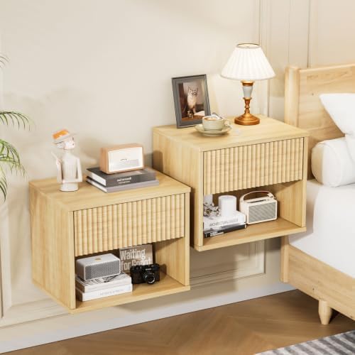 VINGLI Floating Nightstand Set of 2 Fluted Nightstands with 1 Drawer, Oak Night Stand for Bedroom, Wood Bed Side Table, Fluted Nightstand End Table for Bedroom and Living Room