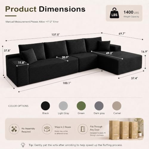96" Boneless Sectional Couches, Cloud Sofas for Living Room
