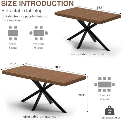 Extendable Dining Room Table for 4-6-8, Large 55''-70.9'' Wood Rectangle Expandable Dining Table with Hidden Storage, Space Saving Farmhouse Kitchen Table for Dining Room Kitchen Office,Walnut