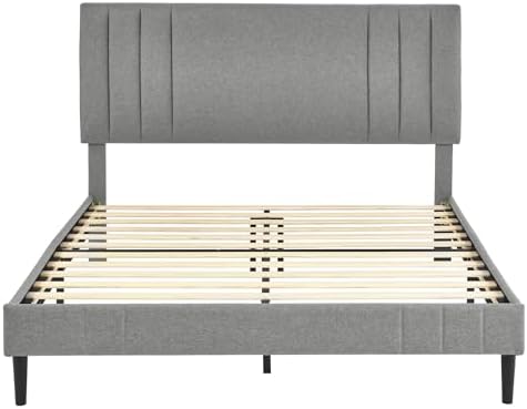 Decoro Chicago Channel Tufted Upholstered Platform Bed, Light Gray, Queen