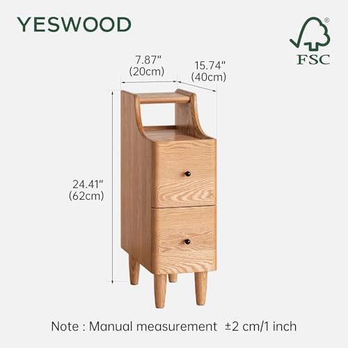 Narrow Nightstand, Solid Wood Nightstands with 2 Drawers, Natural Wood Nightstand with Open Shelf, Slim Bedside Table for Small Spaces, Wooden Side Table for Bedroom, 7.9" W