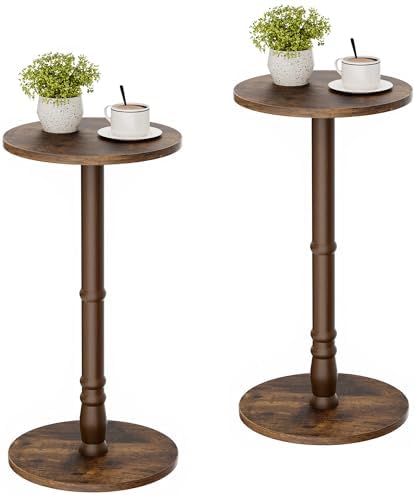Round Side Tables Set of 2 with Solid Wood Pillar, Drink Tables