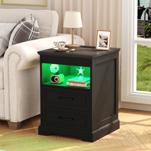 Yusong Farmhouse Night Stand with Gun Drawer & Invisible Lock, 25" Tall LED Bedside Table with Charging Station, End Table with Open Shelf for Bedroom Room (Black)