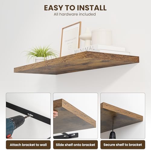 Dreamland 40" Floating Shelves for Wall, 12" Deep Slim Rustic Brown Floating Shelves, Wall-Mounted Shelves for Bedroom, Living Room, Kitchen, Bathroom - Set of 2
