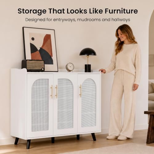 3-Door Shoe Storage Cabinet for Entryway with Rattan Doors, Bright White