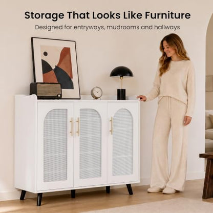3-Door Shoe Storage Cabinet for Entryway with Rattan Doors, Bright White