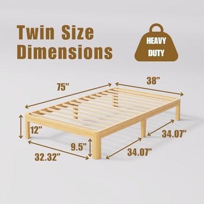 12" Bamboo Wood Twin Bed Frame Platform with Metal Slats, Natural
