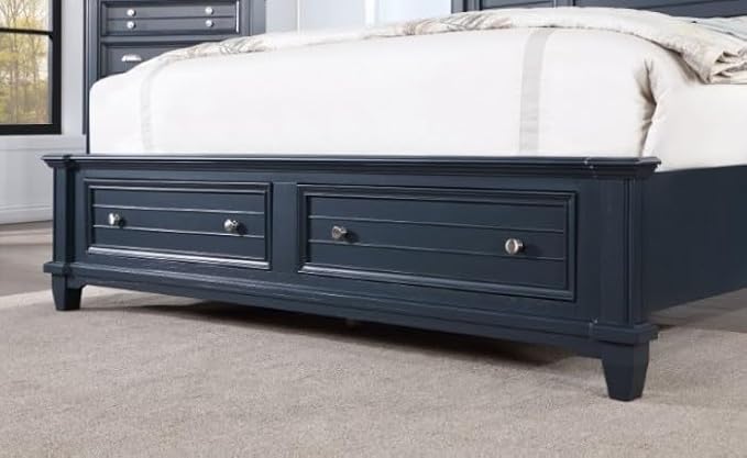 First of a Kind Queen Size Transitional Bedroom Furniture 5 Piece Set in Slate Blue - Panel Headboard Molding Footboard Storage Drawers Nickel Hardware, Bed, Dresser, Mirror, Nightstand & Chest