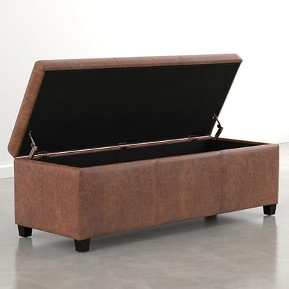 SIMPLIHOME Avalon 48" Vegan Leather Ottoman in Distressed Pecan Brown