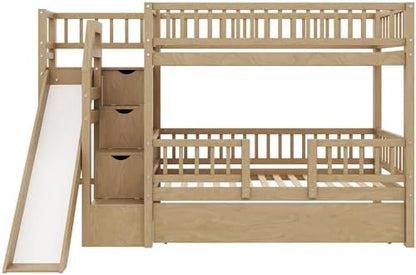 Twin Over Twin Bunk Bed with Storage Staircase, Slide and Trundle,for Kids Teens Adults Bedroom Use (Walnut-ST, Twin Over Twin)
