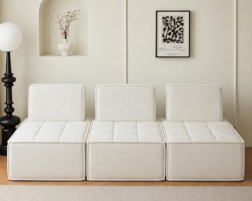 Swbvs Modular Sectional Sofa, 3-Seater Deep Seat Corduroy Lounge Sofa,Small Couch for Living Room, Bedroom, Apartment, White