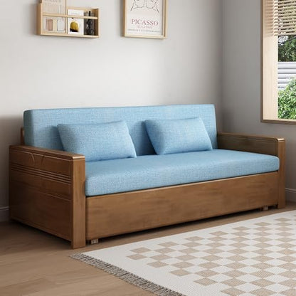 71" Blue 3-in-1 Queen Sectional Sleeper Sofa w/Rev Chaise, Walnut Wooden