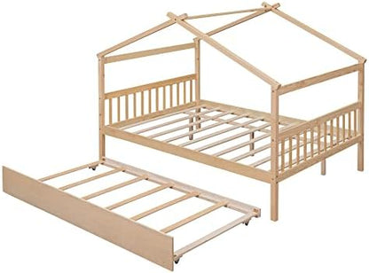 Merax Full Size Wooden House Bed with Trundle, Wood Bed Frame with Roof for Kids, Teens, Boys or Girls, Natural