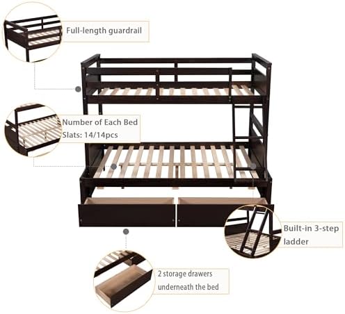 Merax Twin Over Full Bunk Bed, Wood Bunk Bed with Removable Ladders and Two Storage Drawers, Convertible into Two Individual Beds (Espresso)