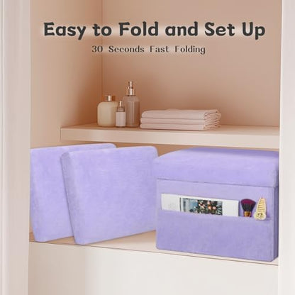 Storage Ottoman, Folding Fur Ottoman with Thicker Foam Padded Seat, Purple