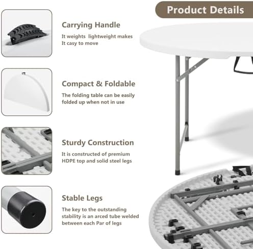 OS MOTOR 4ft Round Folding Table with Carry Handle, 48 Inch, White