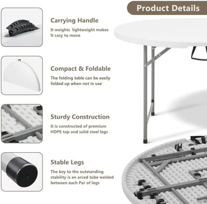 OS MOTOR 4ft Round Folding Table with Carry Handle, 48 Inch, White