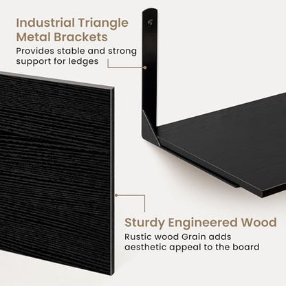 Floating Shelves for Wall, 12 Inch Deep Floating Shelves Set of 2, Wall Mounted Shelf with Metal Brackets, Rustic Wood Wide Shelf for Bathroom, Kitchen and Living Room, Black, 32W x 12D