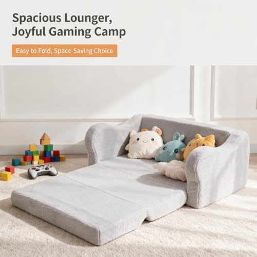 Extra Wide Kids Couch, Foldable Kids Sofa Chair, Grey