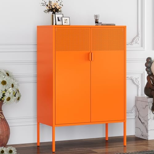 Orange Metal Storage Cabinet with 2 Doors, 47''H Locker Cabinet