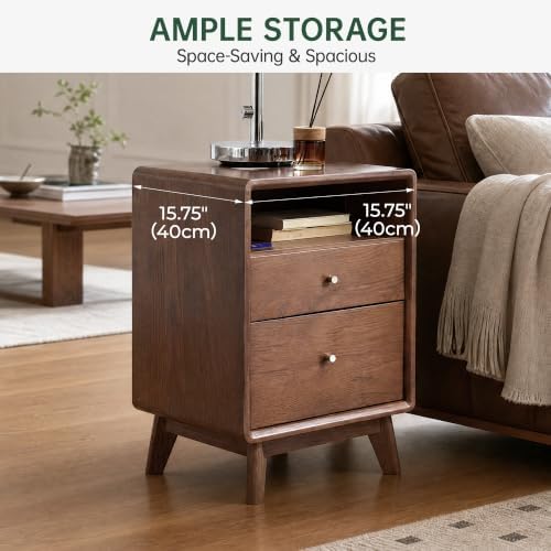 100% Solid Wood Nightstand, Walnut Nightstands with Open Storage & 2 Drawers, Mid Century Modern Nightstands, 24" H Tall Night Stand, Wooden Bedside Table for Bedroom