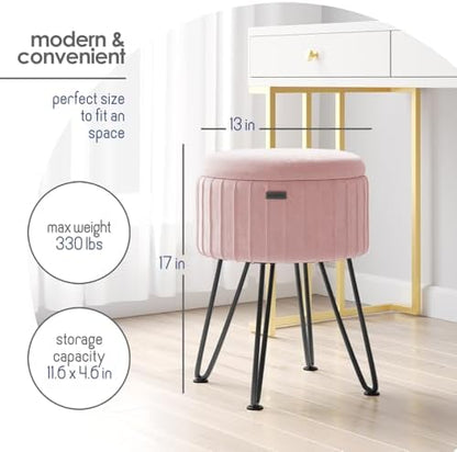 Round Ottoman with Storage, Pleated Velvet Storage Ottoman, Foot Stool Ottomans, Makeup Vanity Stool, Small Ottomans Foot Rest, Modern Vanity Stools for Living Room and Bedroom, Pink