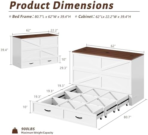 HISOFT Queen Murphy Bed Frame with Charging Station, Freestanding Cabinet Murphy Bed with Fold-Down Panel & Reinforced Support, Space-Saving Design for Small Living Spaces, Shipped in 2 Boxes, White