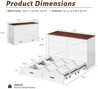 HISOFT Queen Murphy Bed Frame with Charging Station, Freestanding Cabinet Murphy Bed with Fold-Down Panel & Reinforced Support, Space-Saving Design for Small Living Spaces, Shipped in 2 Boxes, White