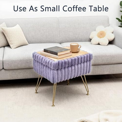 Vanity Stool Chair with Storage, Faux Fur Soft Padded Ottoman with Coffee Table, Modern Vanity Chair Fluffy Footstool with Metal Legs for Makeup, Living Room, Bedroom Purple
