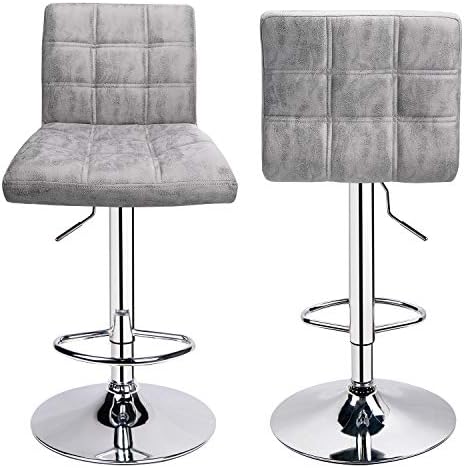 Modern Square PU Leather Adjustable Bar Stools with Back, Set of 2, Counter Height Swivel Stool (Grey-hot-Stamping Cloth)