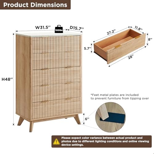T4TREAM 48" Tall Fluted 5 Drawer Dresser for Bedroom, Natural Oak