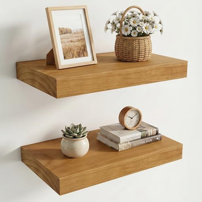 Wood Floating Shelves Set of 2, Rustic Pine Wood Floating Shelves for Wall Mounting, Wide Wall Shelf for Home Decor and Storage, 16" W x 7" D, Oak