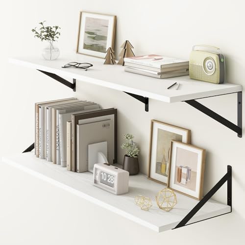 40 Inch Floating Shelves, 12 Inch Deep Wall Shelf, 40 x 12 Floating Shelf Set of 2, White Wood Floating Shelf Wall Mounted, Large Kitchen Living Room Bedroom Storage Shelves