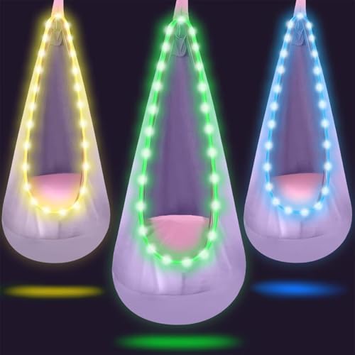 Light Up Kids Pod Swing, Cotton Hammock w/LED, Indoor Outdoor Light Purple