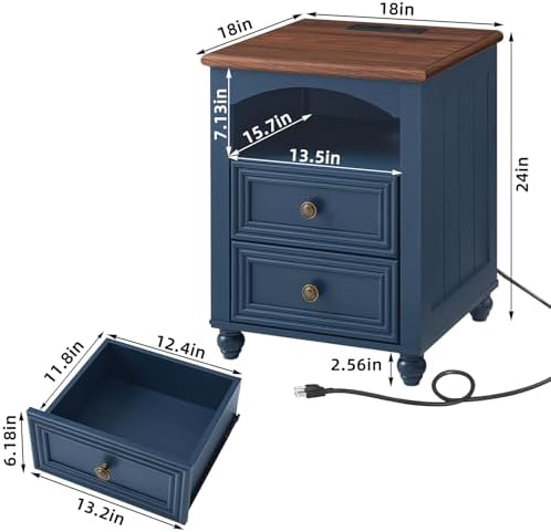 RWYHG 18" Night Stand with Charger Station, Nightstand with 2 Drawers