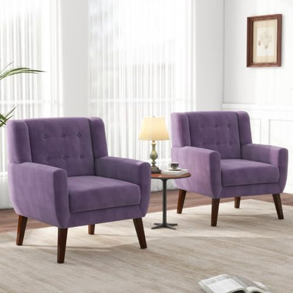 Pia Ricco Mid Century Modern Button Tufted Purple Velvet Set of 2 Accent Armchair for Living Room