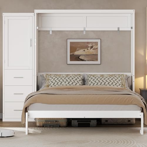 MERITLINE Queen Murphy Bed with Storage Drawers and Wardrobe,Solid Wood Farmhouse Horizontal Murphy Wall Bed Cabinet with Drawers for Bedroom Office Guest Room, Foldable