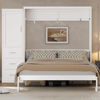 MERITLINE Queen Murphy Bed with Storage Drawers and Wardrobe,Solid Wood Farmhouse Horizontal Murphy Wall Bed Cabinet with Drawers for Bedroom Office Guest Room, Foldable