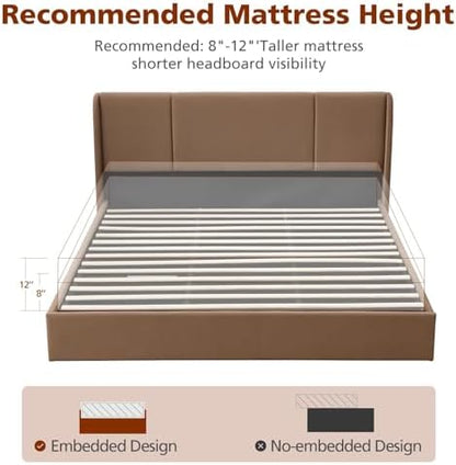 VELOCAVA California King Lift Up Storage Bed Frame, Velvet-Look Upholstered Bed with Modern Wingback Headboard, Hydraulic Lift Storage, Wood Slat Support, No Box Spring Needed, Brown