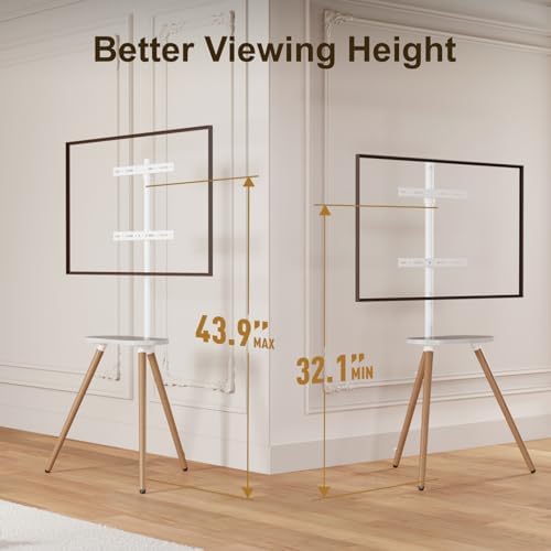 Solid Wood Easel TV Stand for 43-65" TVs with Shelf, White Beech
