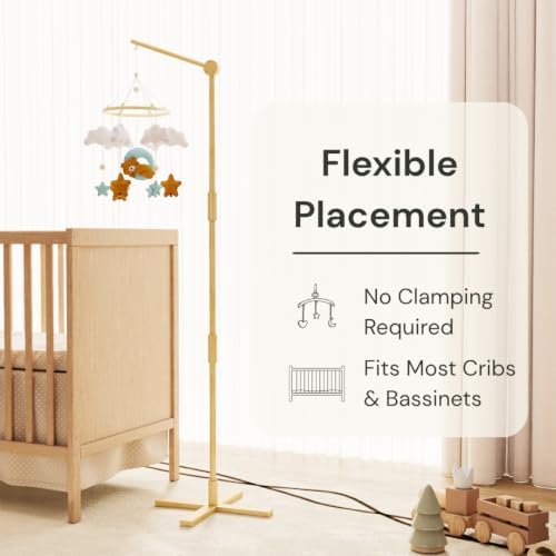 Crib Mobile Arm Wooden Floor Standing - 61 Inches Mobile Arm for Crib|Movable Baby Mobile Hanger|Strong Anti-Dumping Attachment|Natural EU Beech Wood|Thicker Pole|Boho Nursery Decor