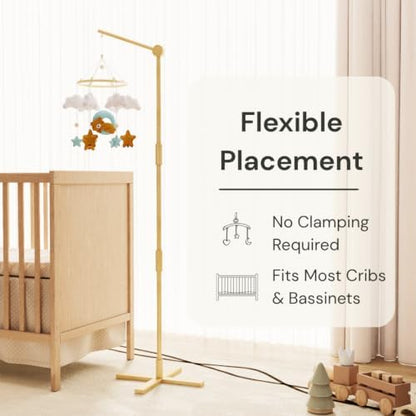 Crib Mobile Arm Wooden Floor Standing - 61 Inches Mobile Arm for Crib|Movable Baby Mobile Hanger|Strong Anti-Dumping Attachment|Natural EU Beech Wood|Thicker Pole|Boho Nursery Decor